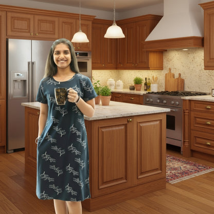 Women wearing navy blue color cotton knee length short nighty with leaves design in white color printed all over, holding a coffe mug