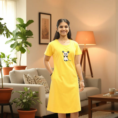 yellow hosiery cotton knee length with cute mouse design printed in chest area, closeup view 