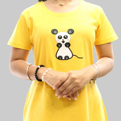 Yellow Cute Mouse Hosiery Cotton Knee-Length Short Nighty with Pocket