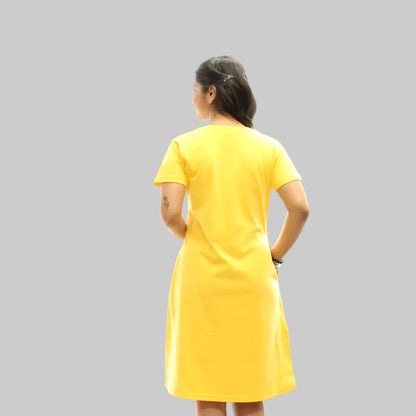 Yellow Cute Mouse Hosiery Cotton Knee-Length Short Nighty with Pocket