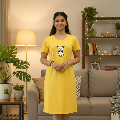 Yellow Cute Mouse Hosiery Cotton Knee-Length Short Nighty with Pocket