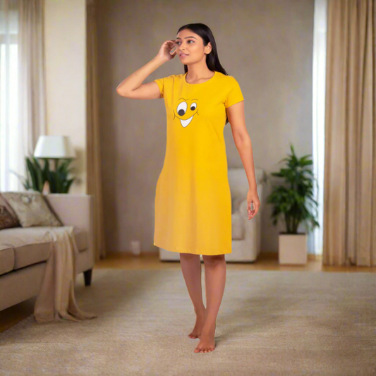 Cotton Short Nighty in Yellow color with chest print
