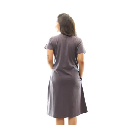 women wearing grey color cotton short nighty, standing showing the back view
