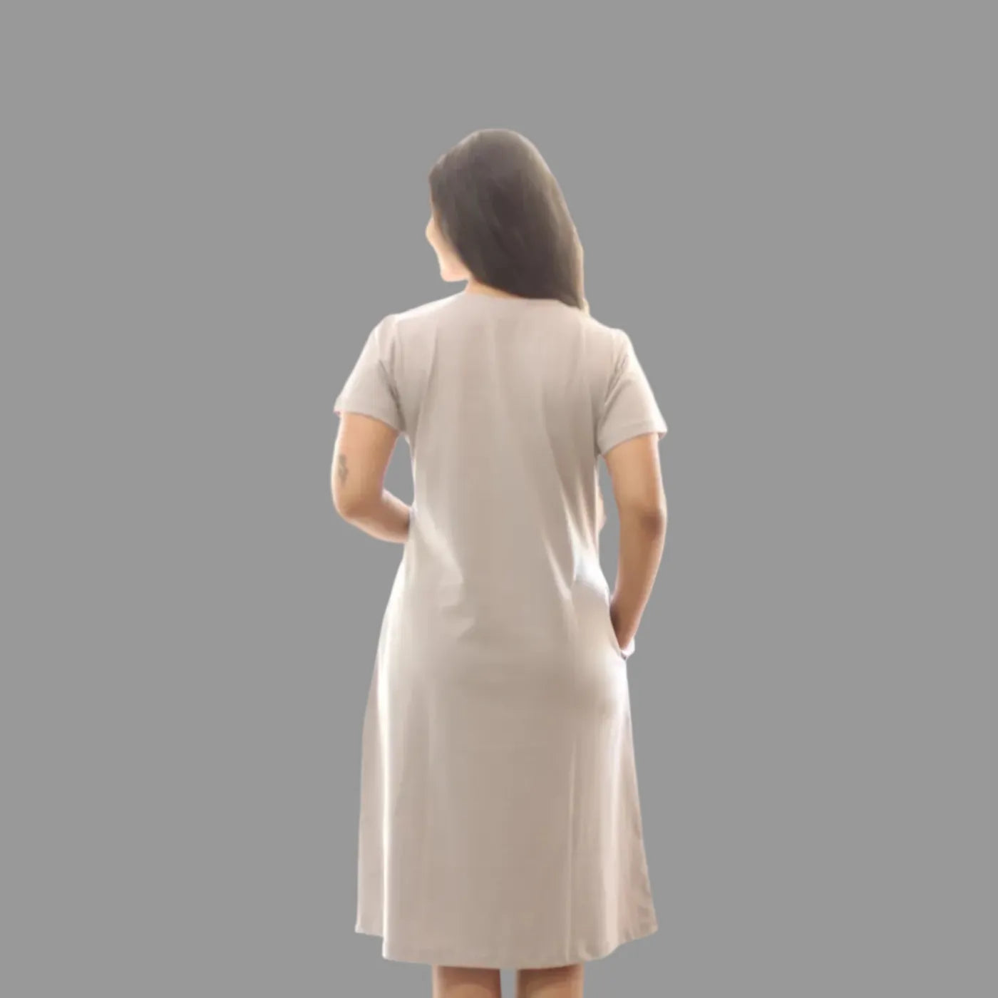 women wearing a light grey cotton short nighty