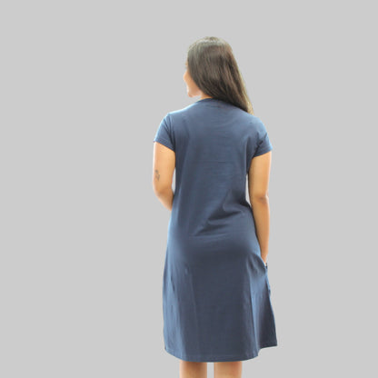 women wearing navy blue short nighty with back view pose