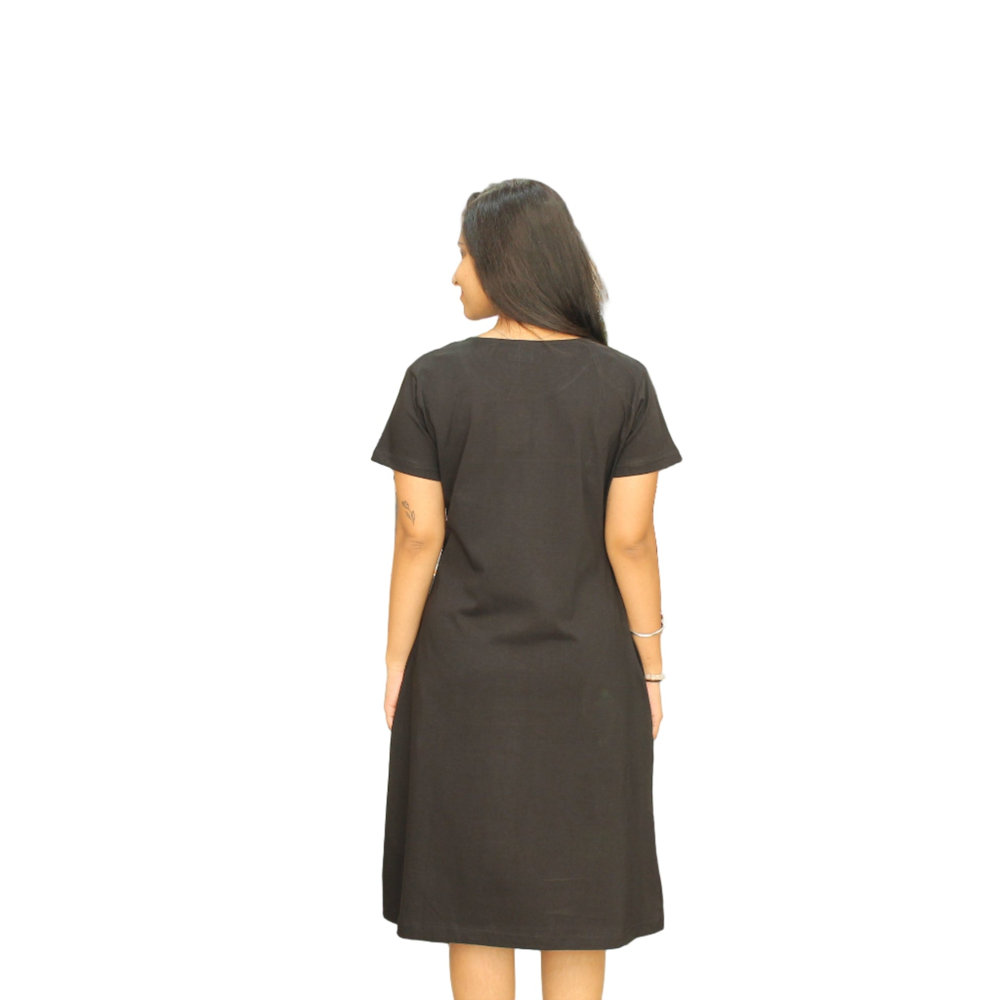 back side view of short nighty for women in black color 