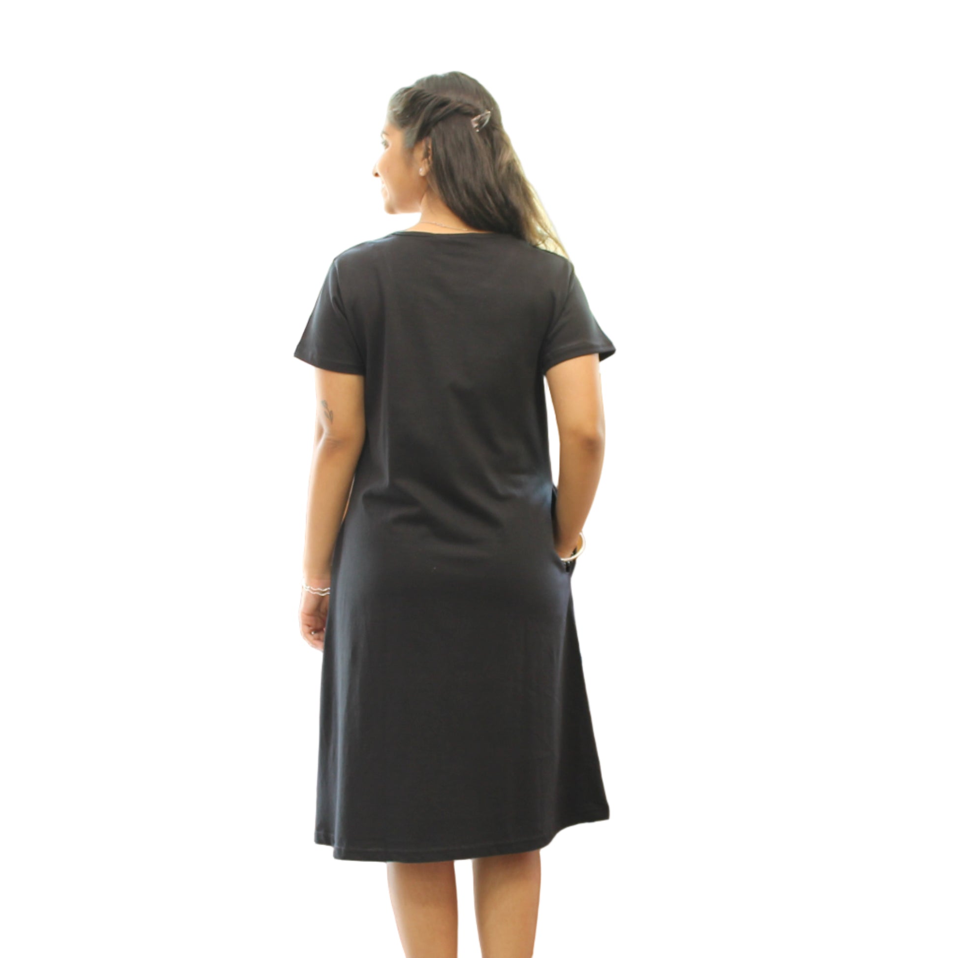 women wearing black color cotton short nighty, standing backwards