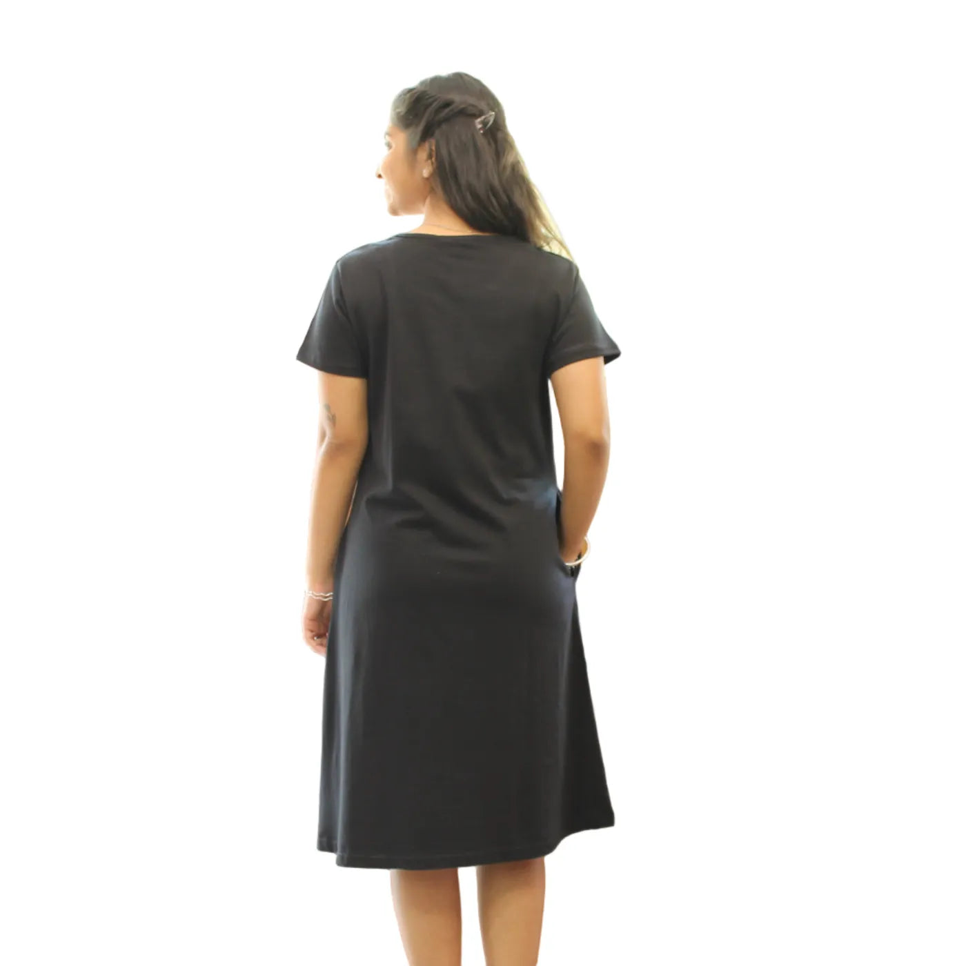 women wearing black color cotton short nighty, standing backwards