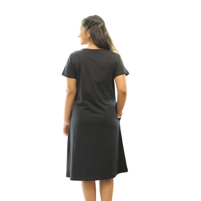women wearing black color cotton short nighty, standing backwards