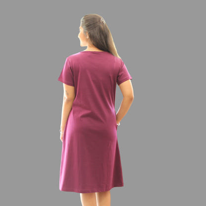 back view of wine color cotton t shirt dress