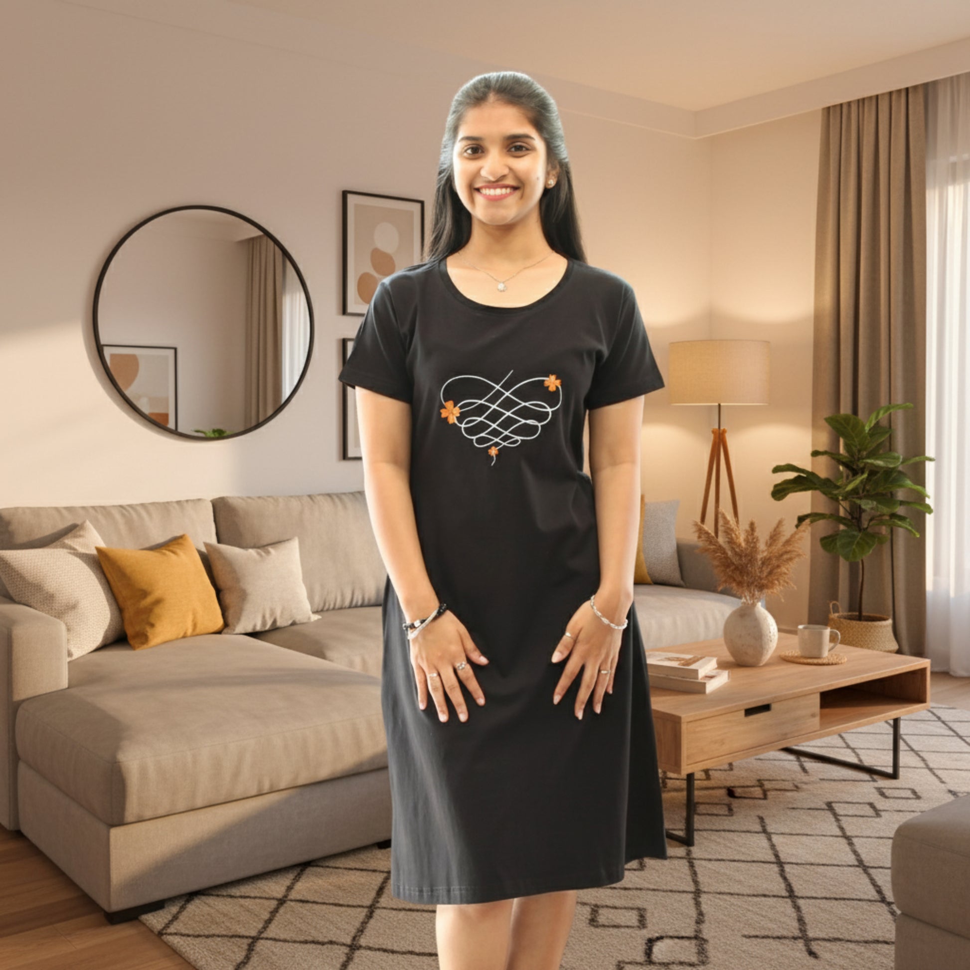women wearing black color cotton short nighty with floral design printed on chest area