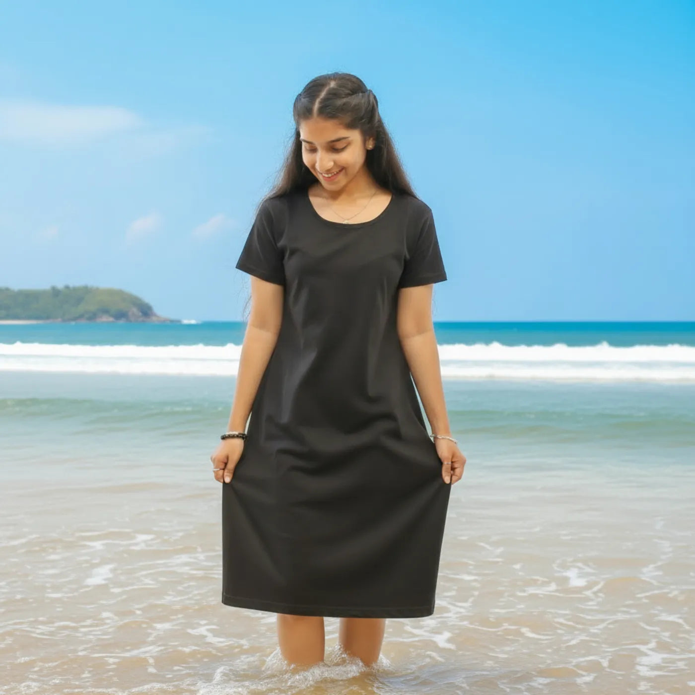 women wearing cotton black color short nighty holding hands on both side 