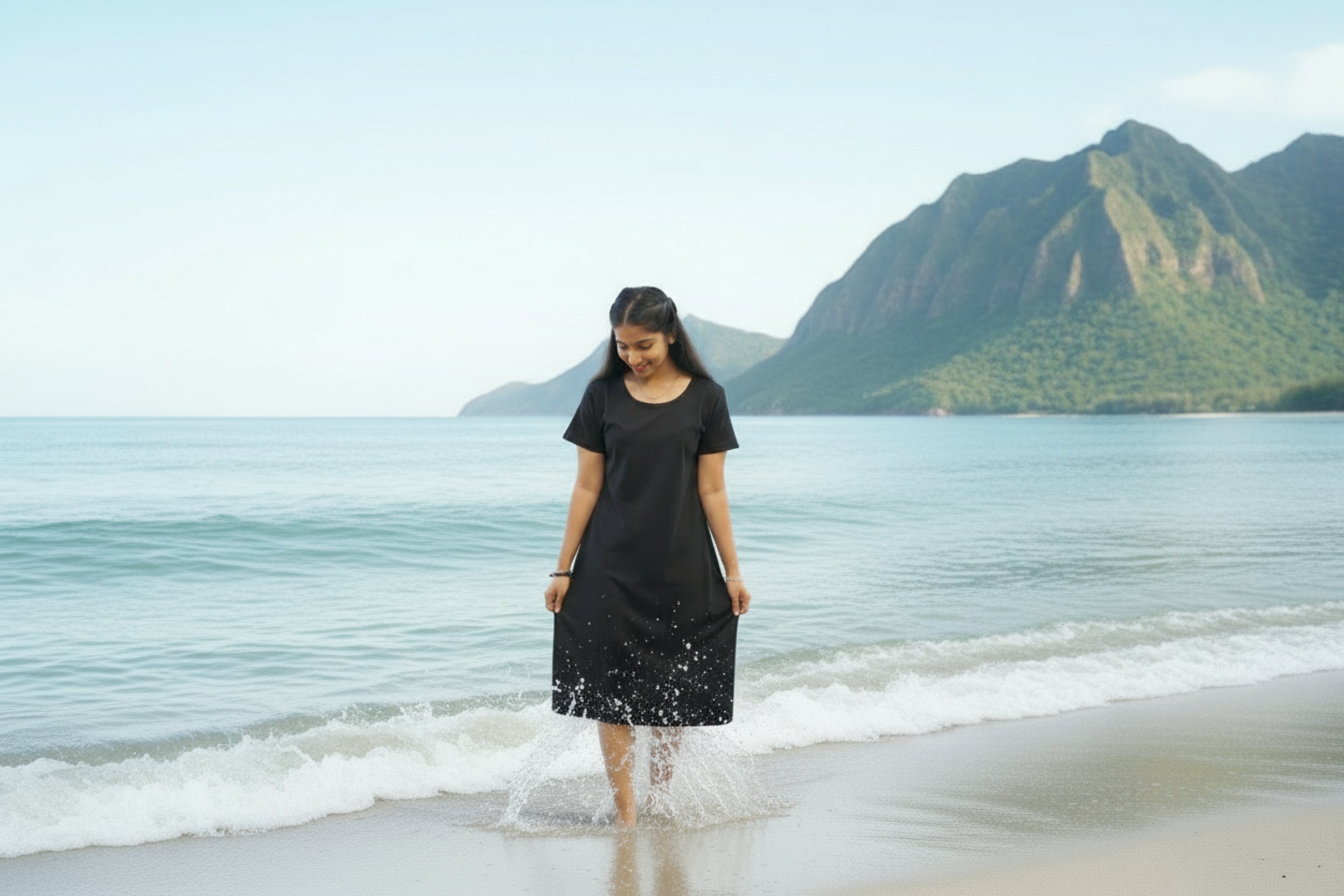 women wearing solid black color t shirt dress