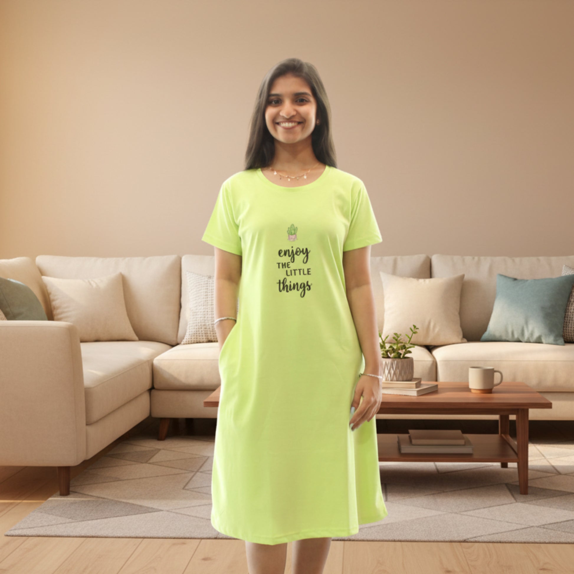 women wearing a bright green color cotton short nighty with print design in chest area