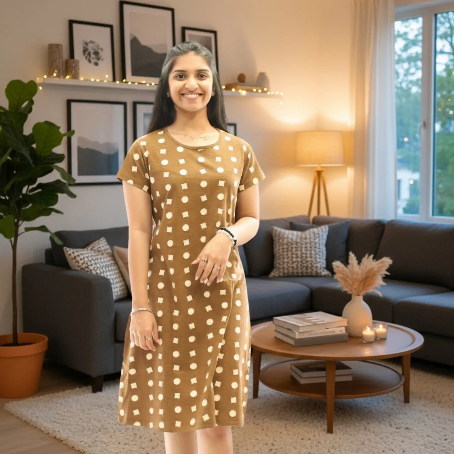 women wearing brown color cotton short nighty with geometric print design all over