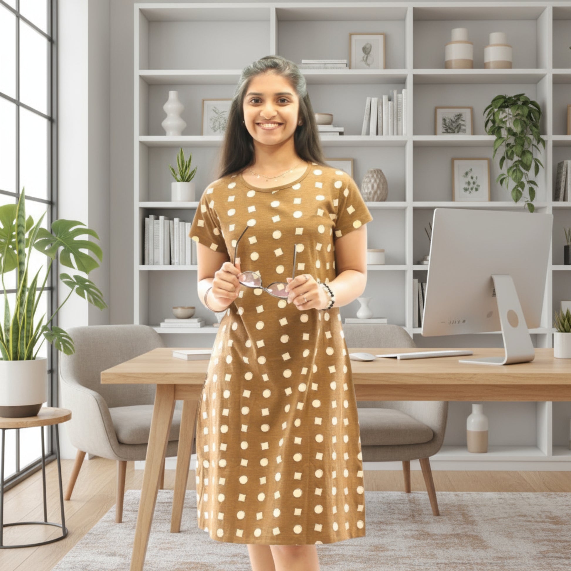 women wearing a brown color cotton short nighty with all over geometric print designs, holding a goggle in hand