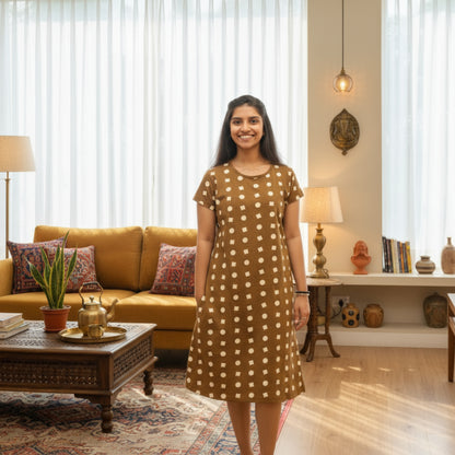 women wearing brown color short nighty with all over geometric print design