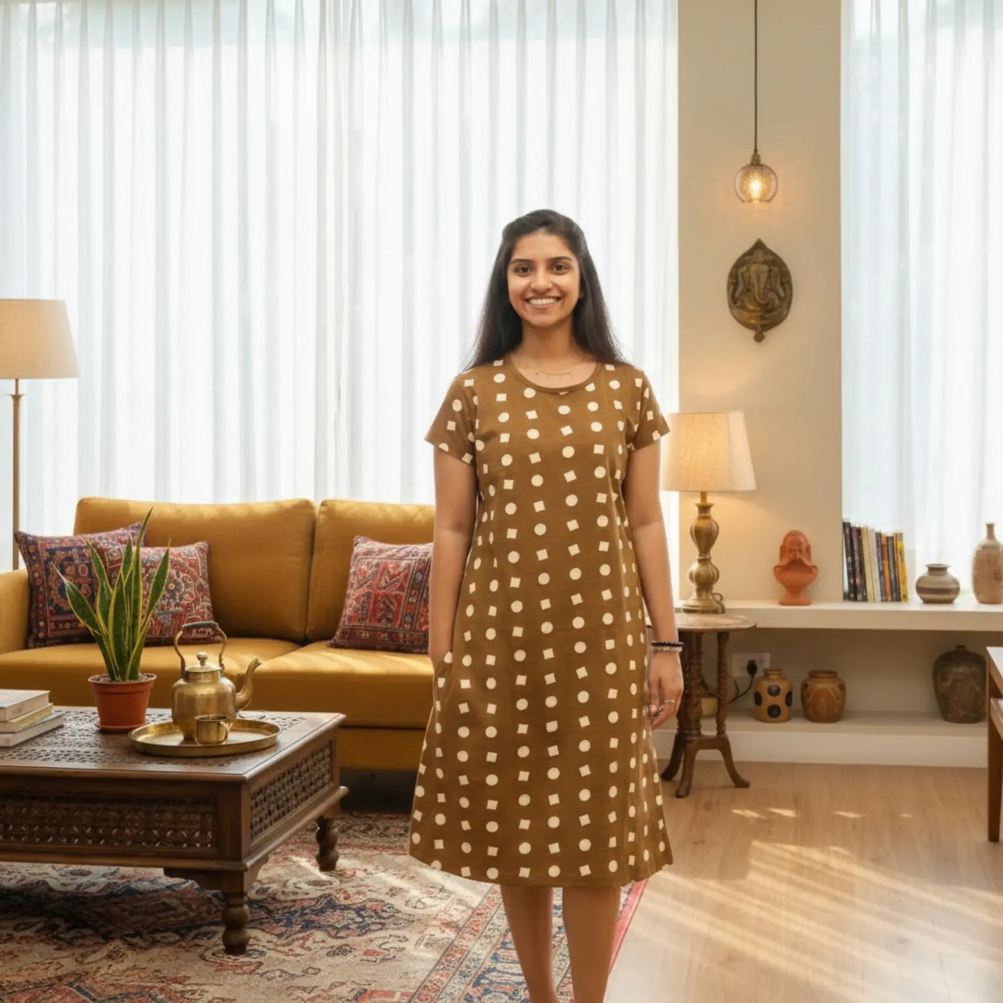 women wearing brown color cotton short nighty with geometric print design all over with hands in pocket