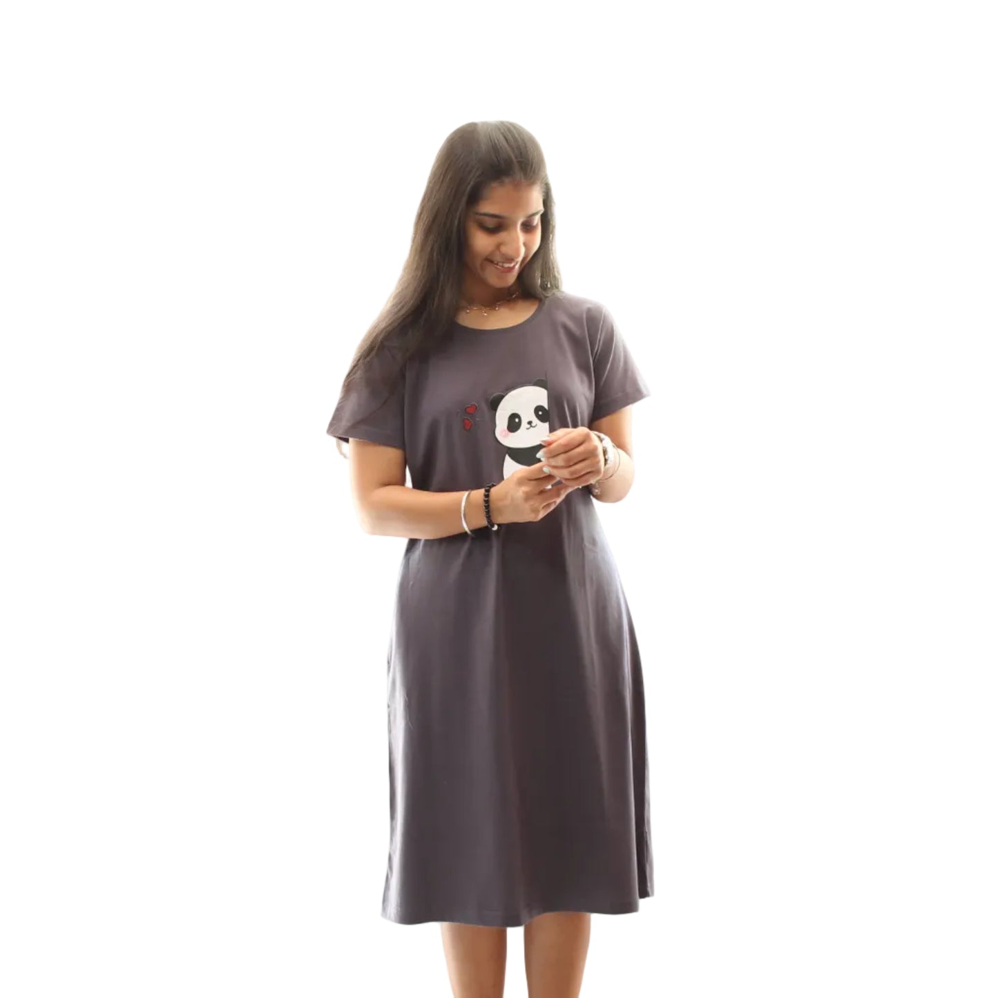 women wearing a grey color cotton short nighty, panda design with two heart symbol printed on chest area