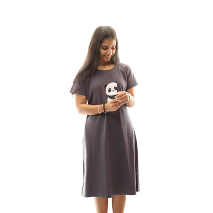 women wearing a grey color cotton short nighty, panda design with two heart symbol printed on chest area