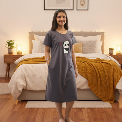 women wearing a grey color cotton knee length short nighty with panda design on chest area 