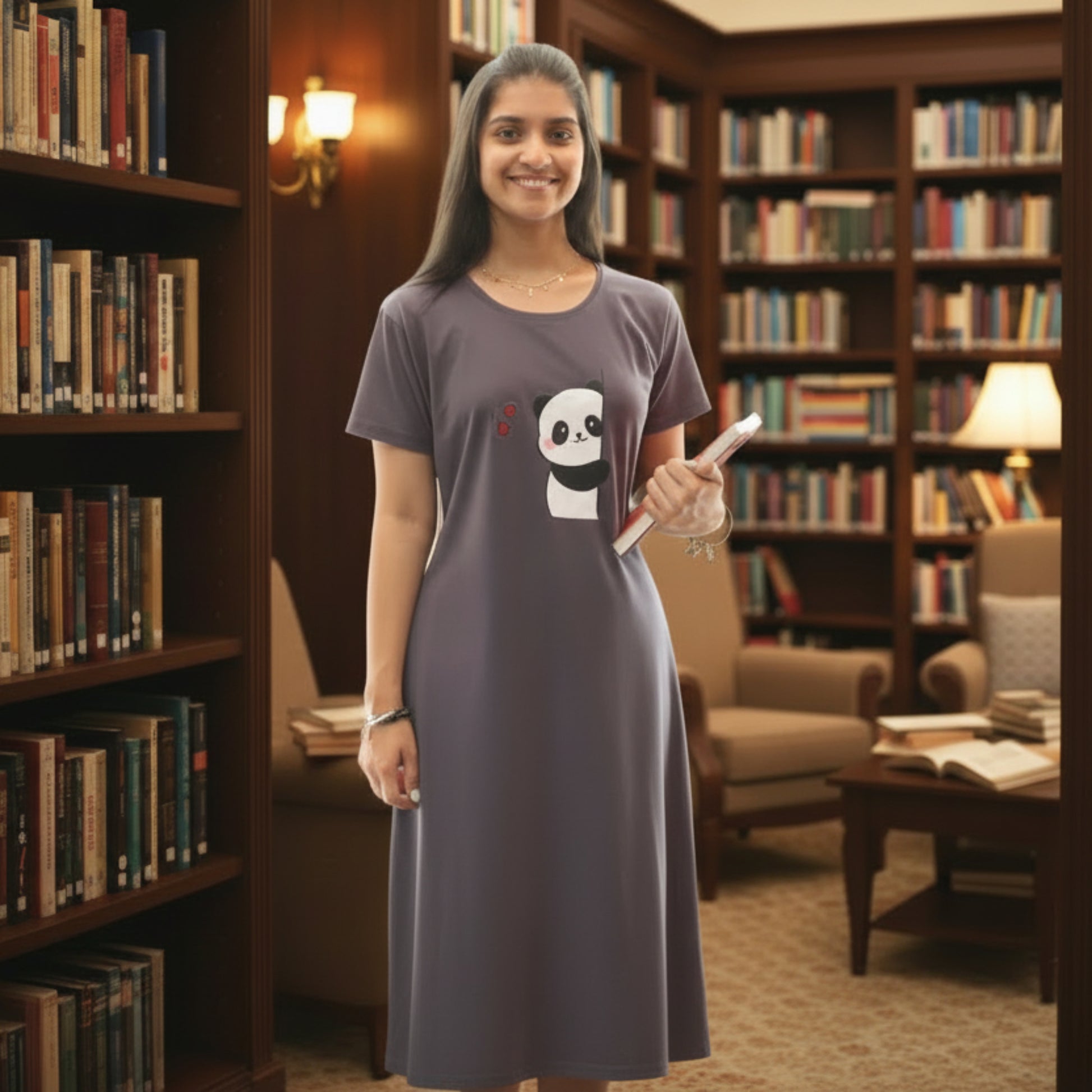 women wearing a grey color cotton short nighty with print on chest area, holding a book