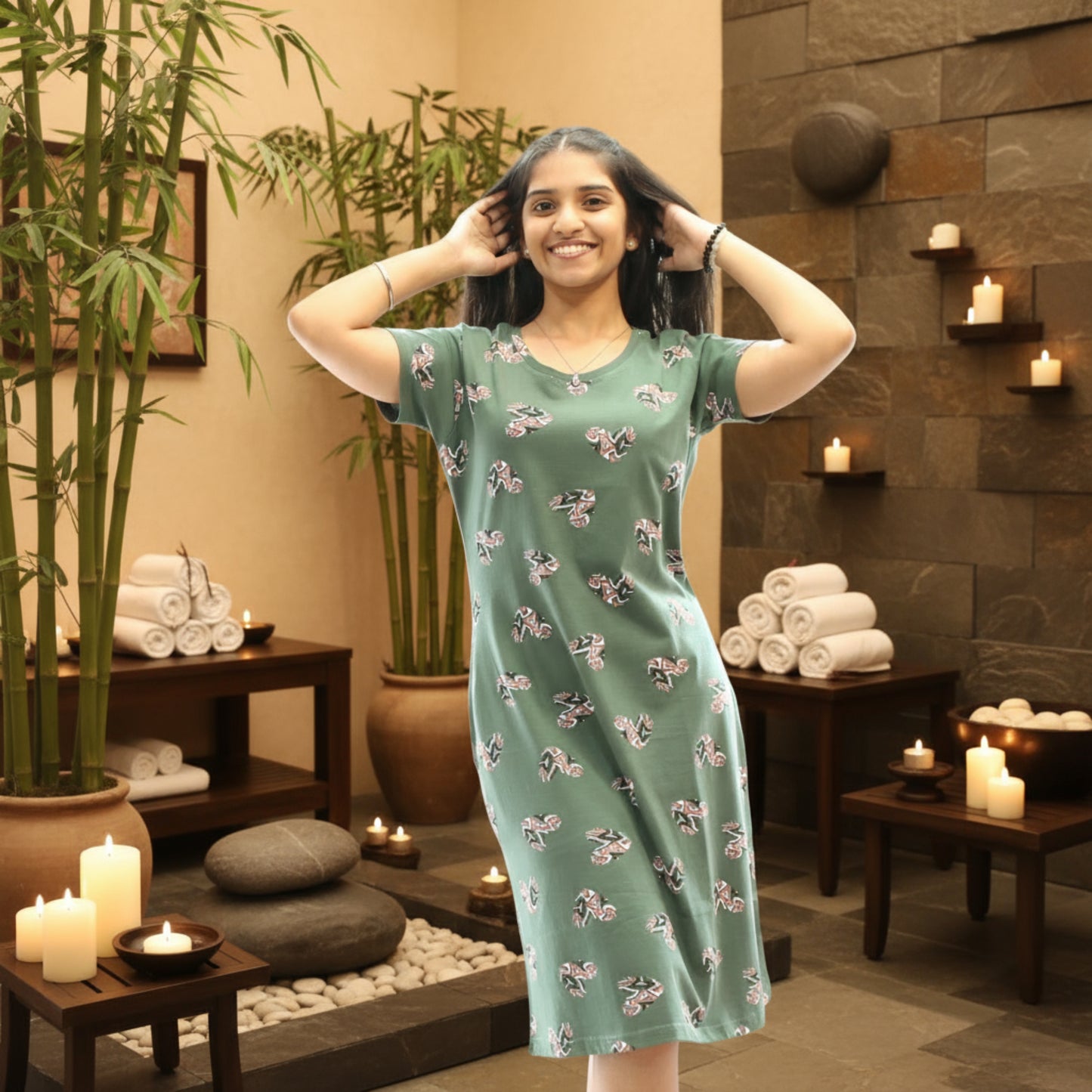 women wearing light green cotton knee length short nighty with all over prints