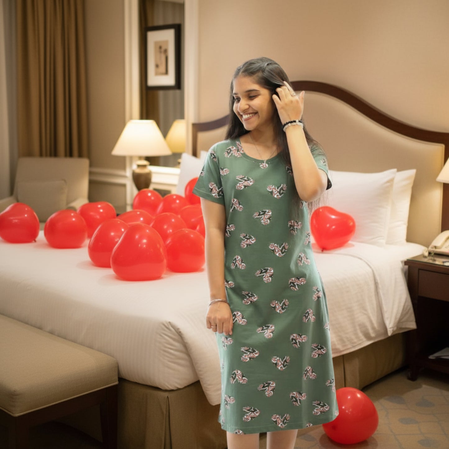 women wearing light green cotton knee length short nighty with all over prints