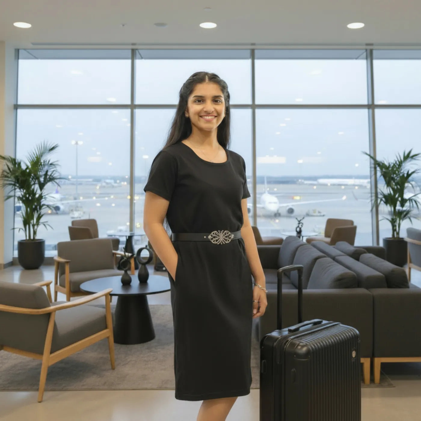 women wearing black cotton t shirt dress with hands in pocket