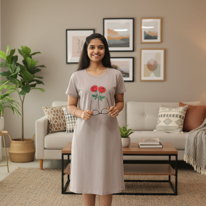 women wearing light grey cotton short nighty with floral design