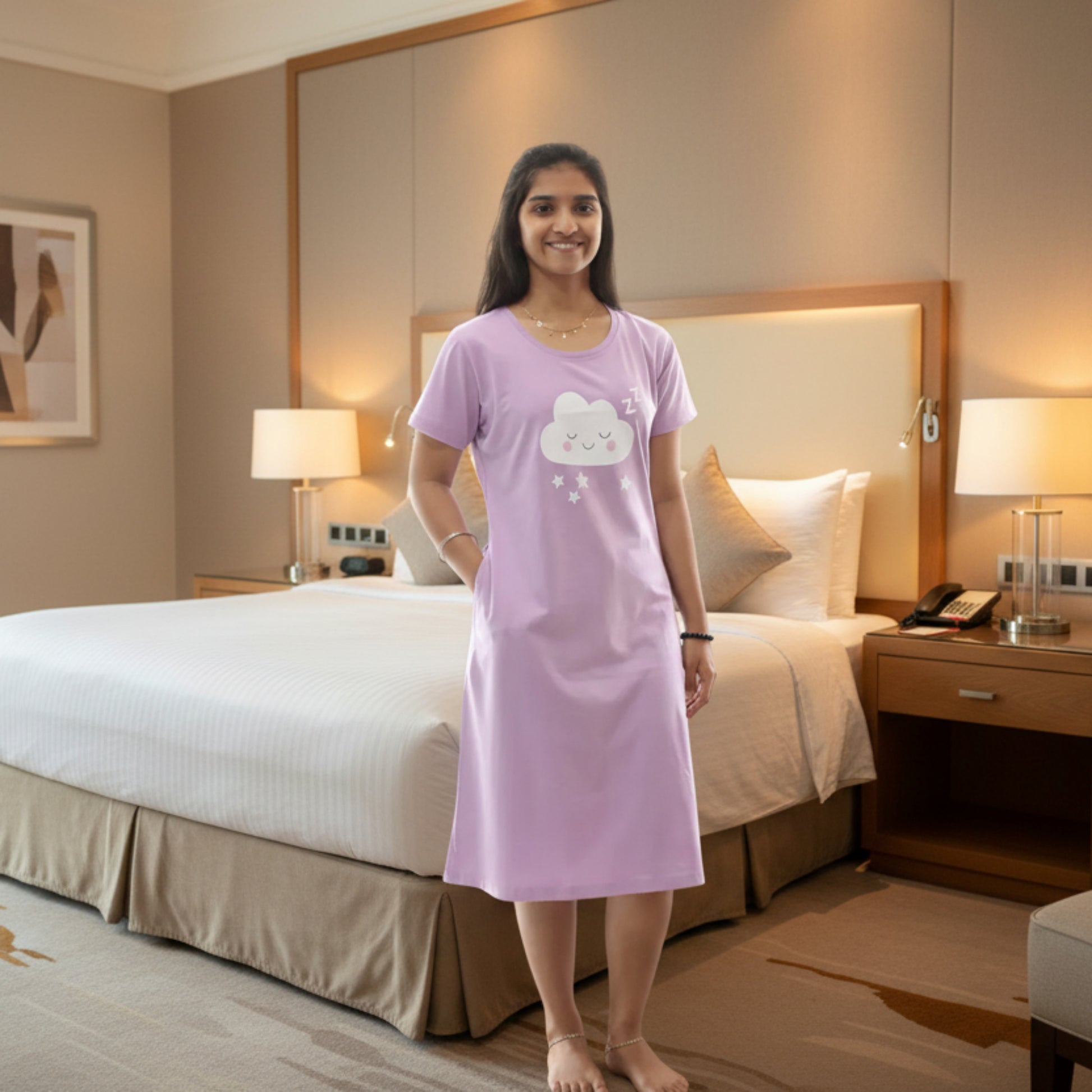 women wearing a lavender color cotton short nighty with cloud design