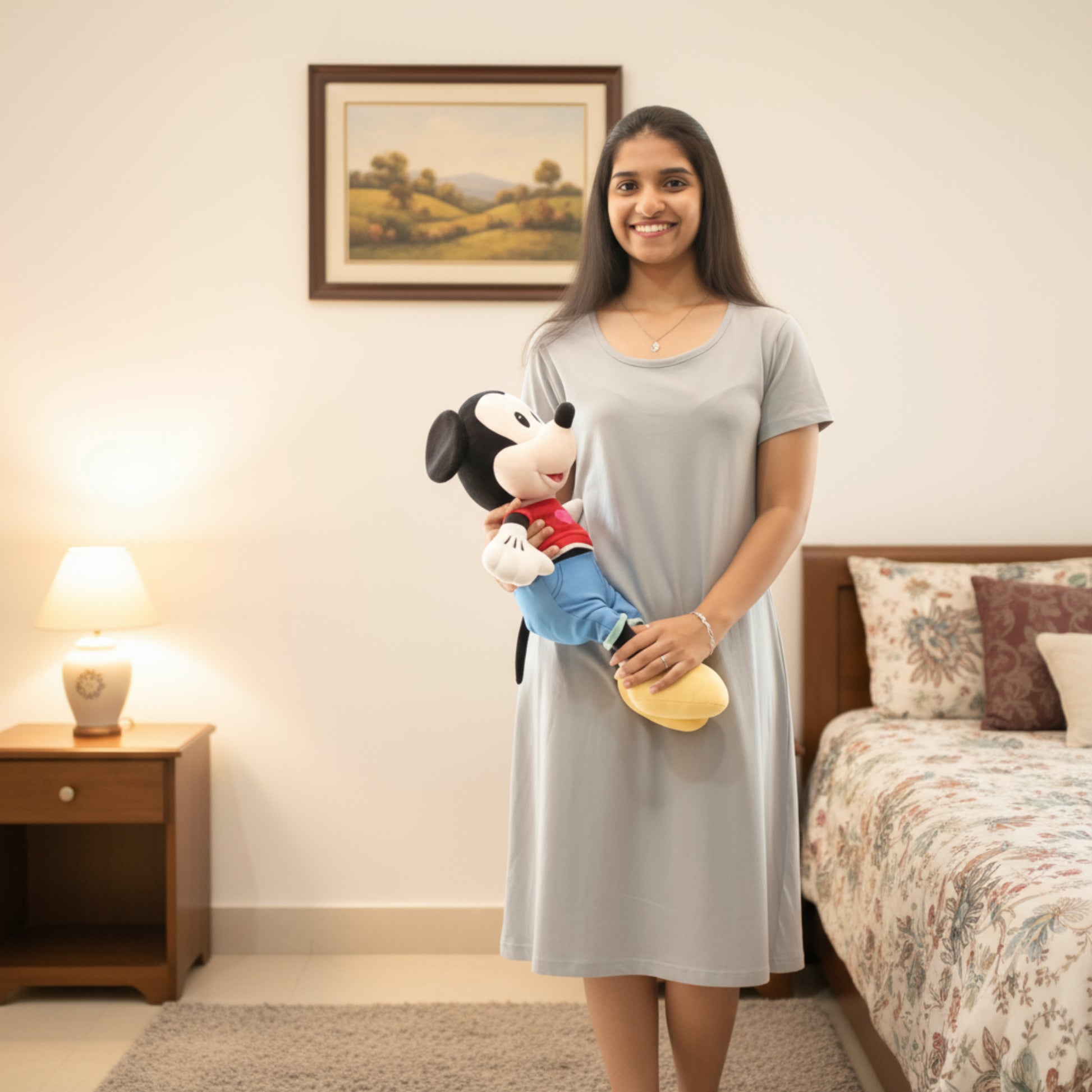 women wearing light grey t shirt dress , holding a mickey mouse doll