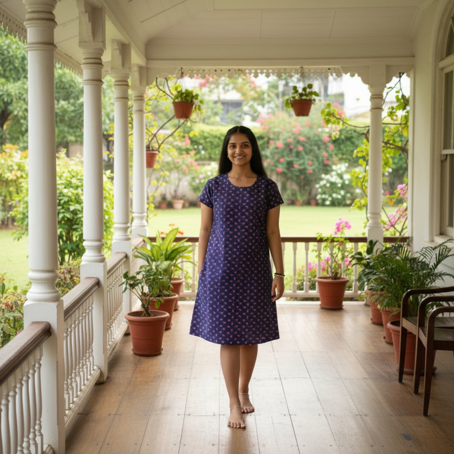 women wearing navy blue hosiery cotton knee length short nighty with all over print, hands in pocket 