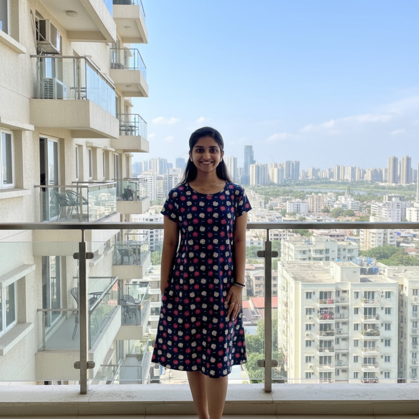 women wearing cotton knee length short nighty in navy color with floral design printed all over, hands in pocket