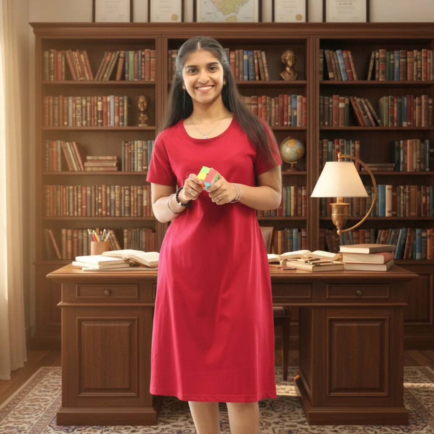 Woman in a red dress holding a Rubik's Cube in a room with bookshelves and a desk.