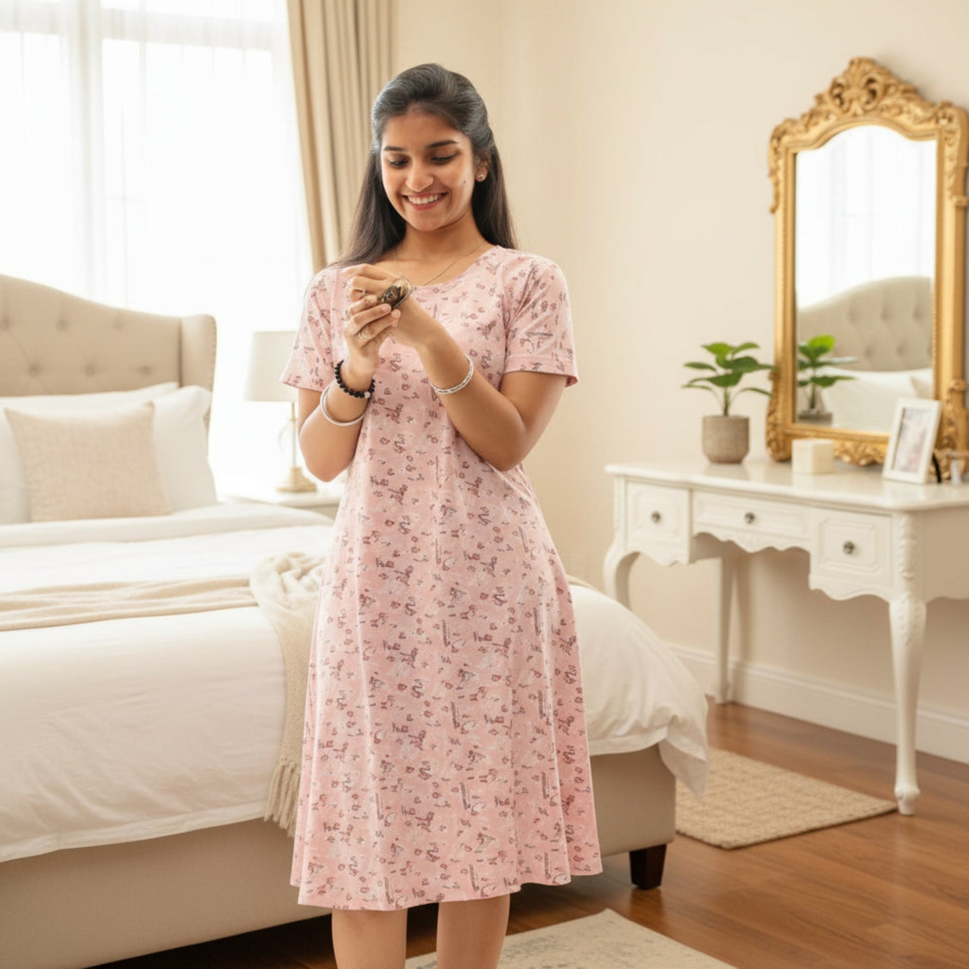 women wearing light pink short nighty with prints all over.