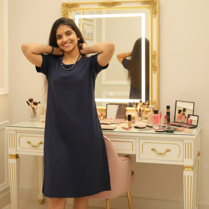 women wearing navy blue cotton knee length t shirt dress 