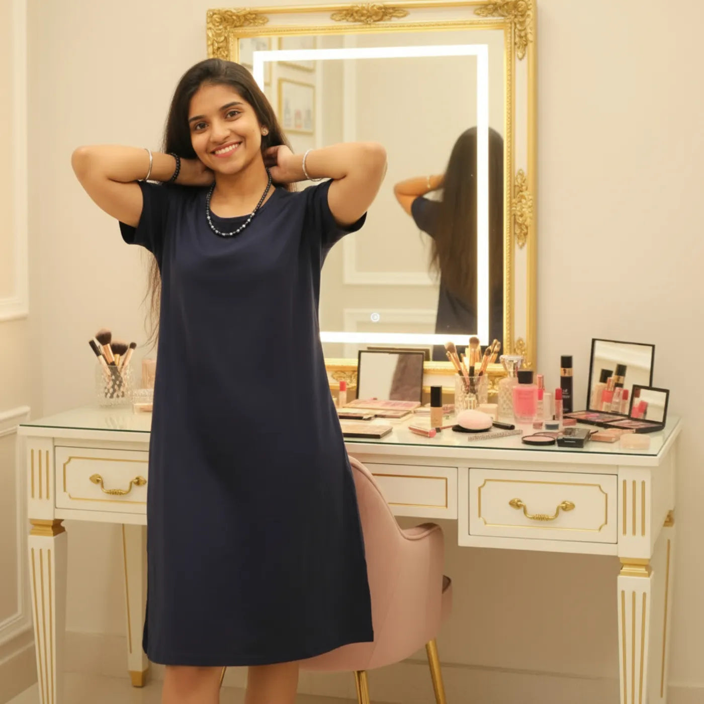 women wearing navy blue cotton knee length t shirt dress 