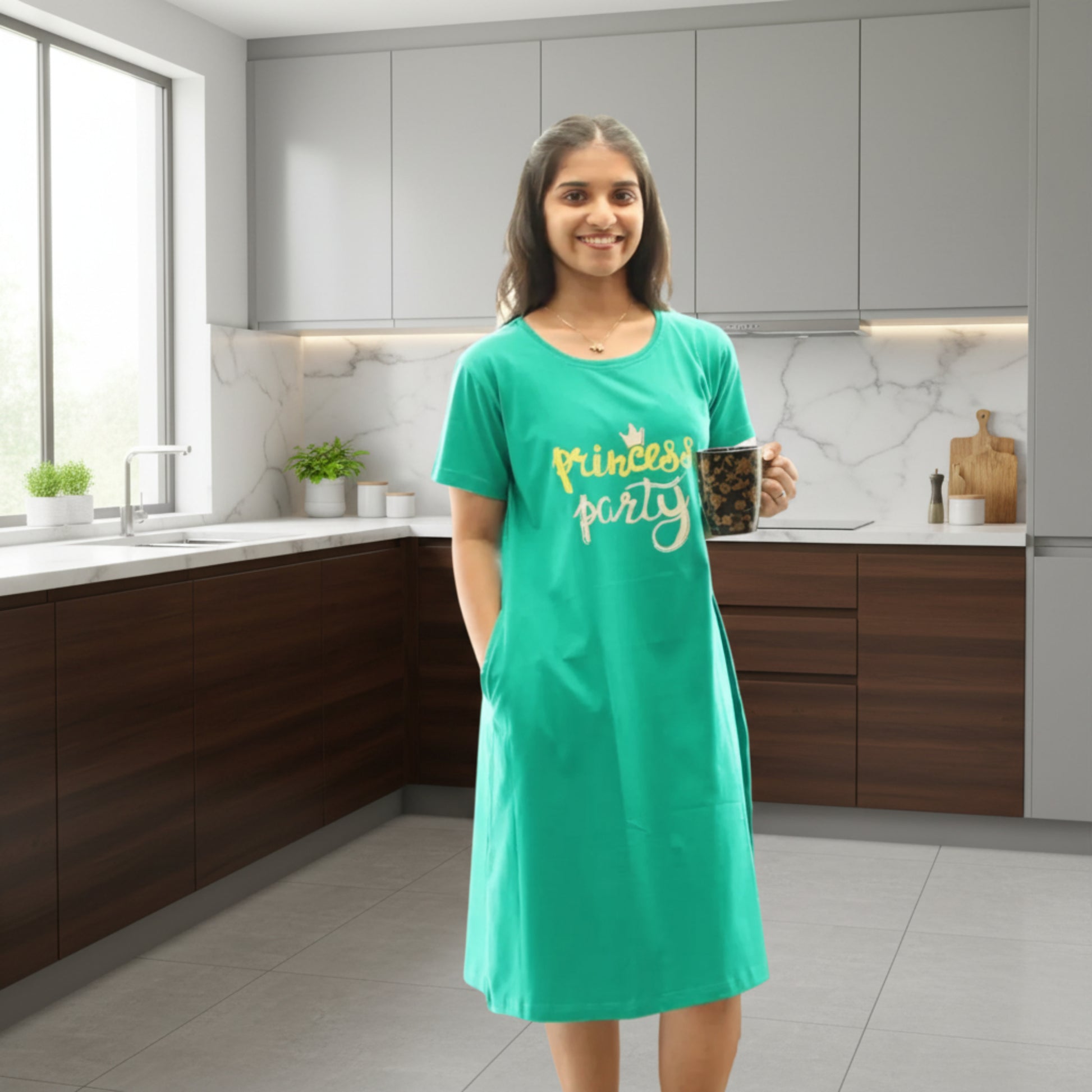 women wearing rama green color cotton short nighty with print in chest area, holding a coffe mug