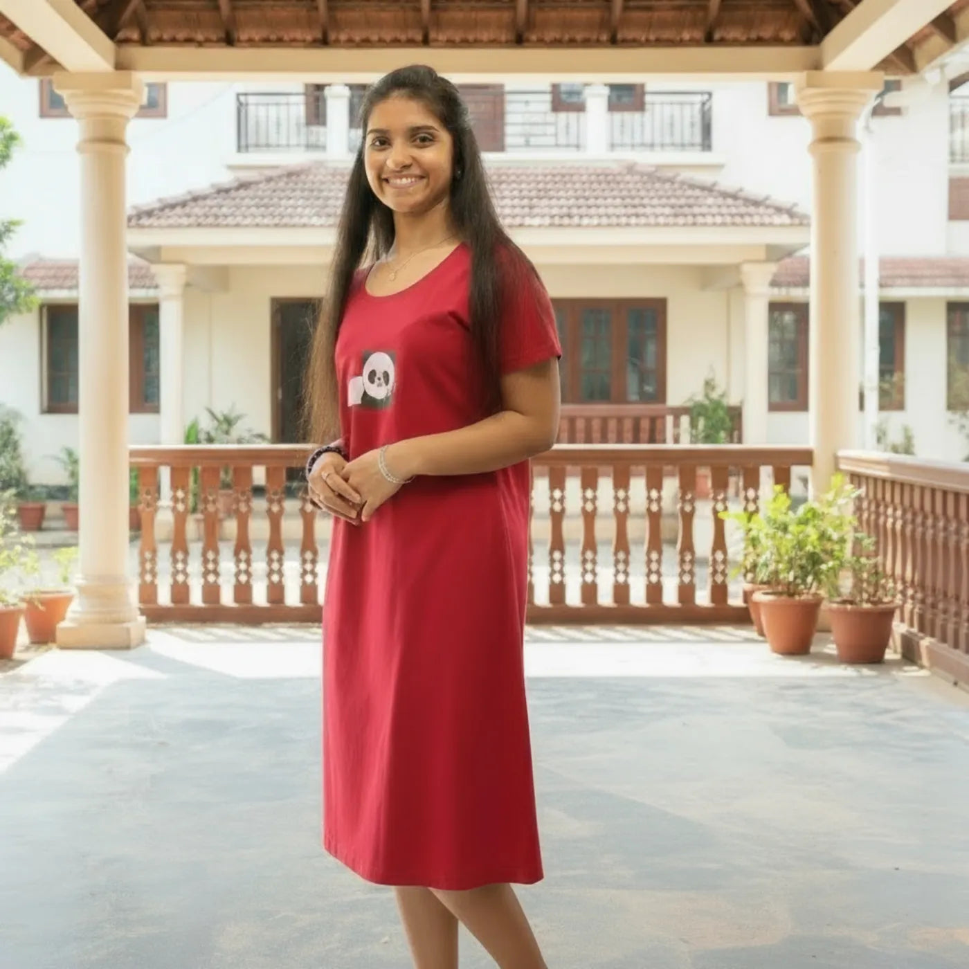 women wearing reddish maroon knee length short nighty