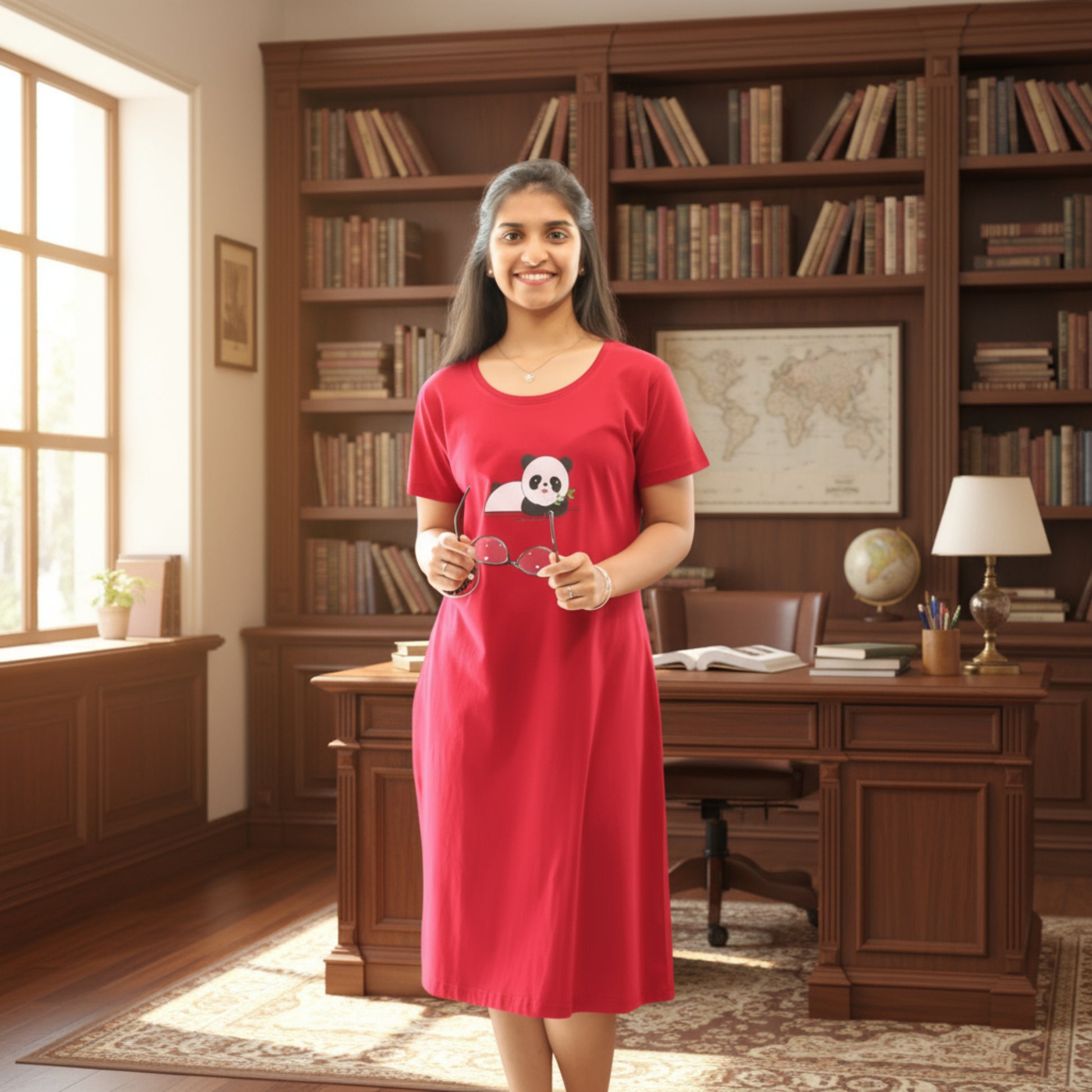women wearing reddish maroon short nighty, panda design print on chest area, goggles in hand
