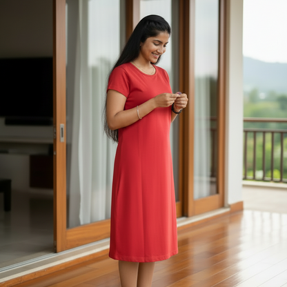 Red Solid Hosiery Cotton Knee-Length T-Shirt Dress with Pocket
