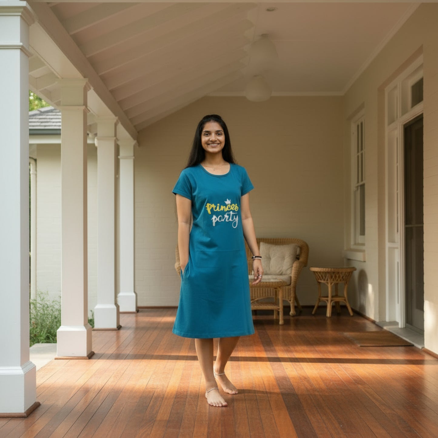 women wearing teal cotton knee length short nighty with pocket, text print on chest area