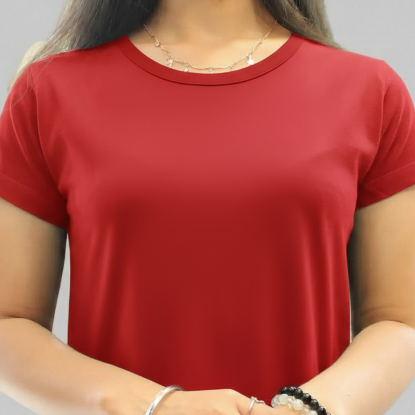 Red Solid Hosiery Cotton Knee-Length T-Shirt Dress with Pocket