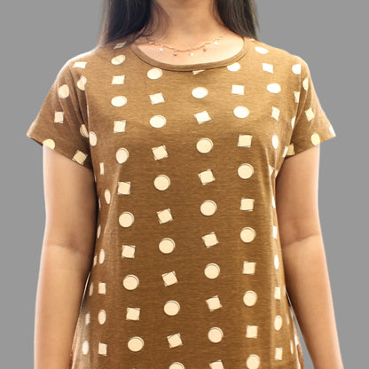 close up view of brown printed short nighty with geometric print designs