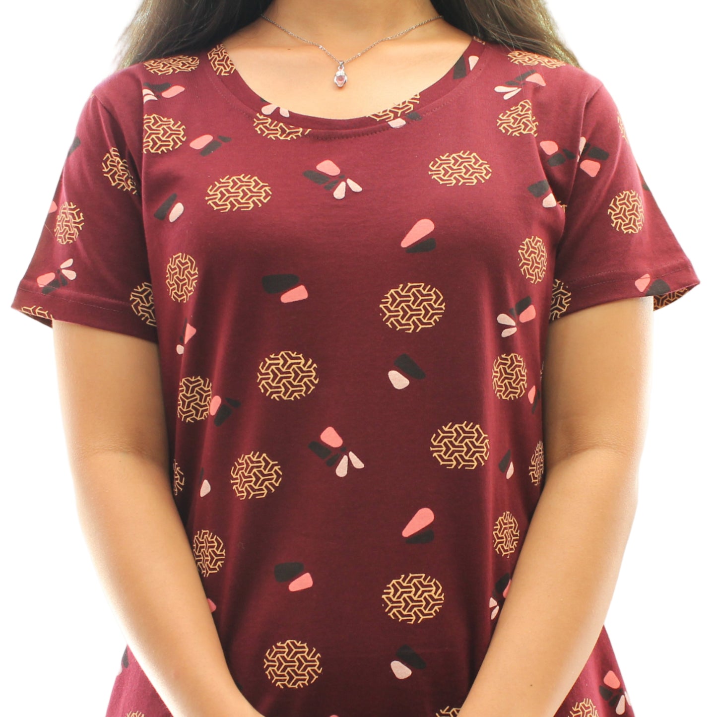 close up view of fabric for dark maroon printed short nighty