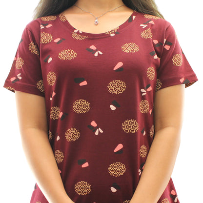 close up view of fabric for dark maroon printed short nighty