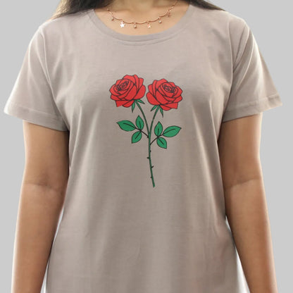 women wearing a light grey cotton short nighty with floral design in chest area