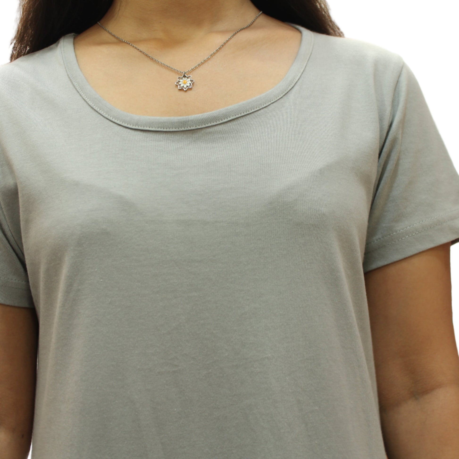 close up view of light grey color t shirt dress
