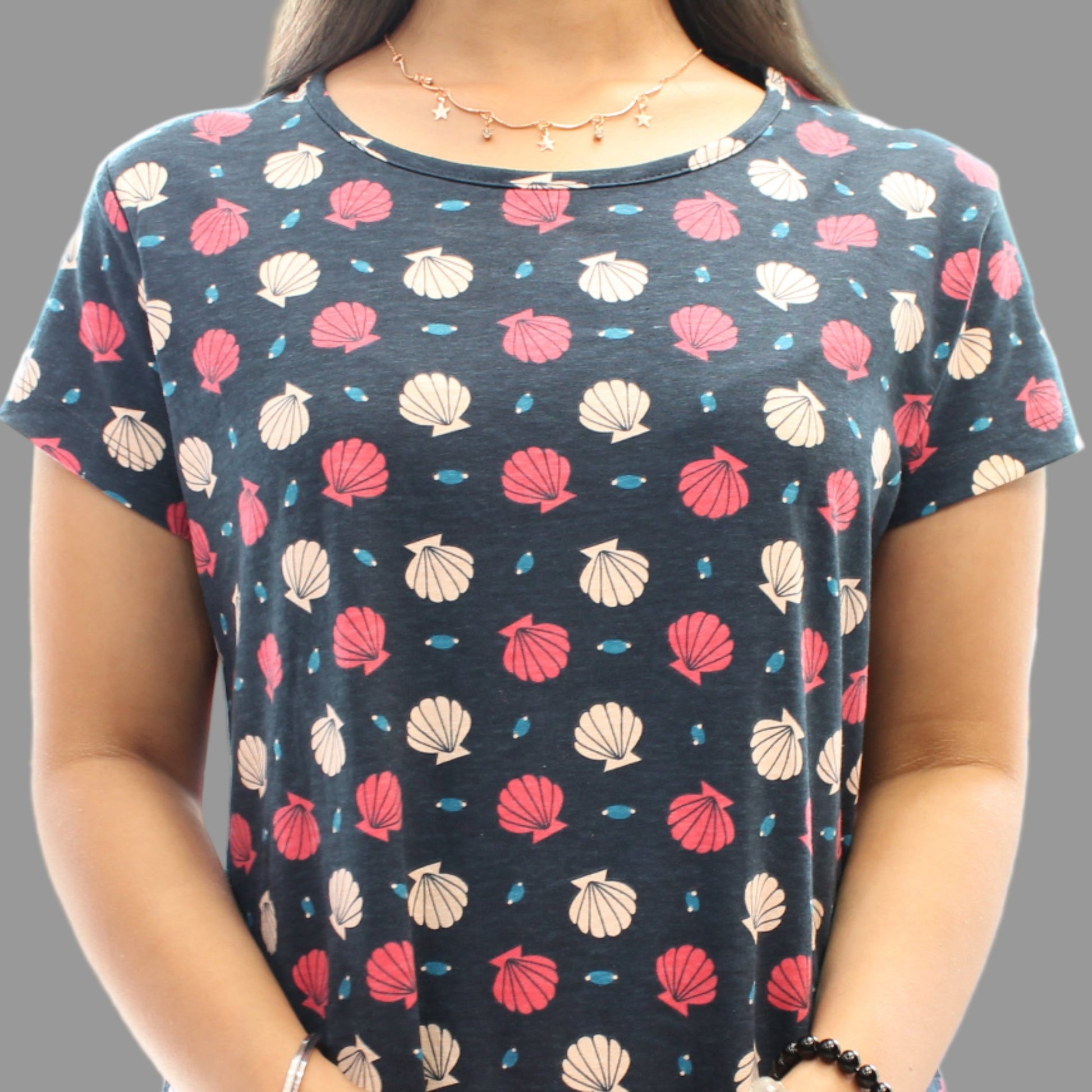 close up view of navy all over floral print cotton short nighty 